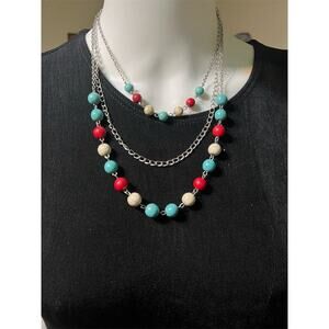 Red and Turquoise  Multi-Color Beaded Triple Strand Necklace 20-22 inch